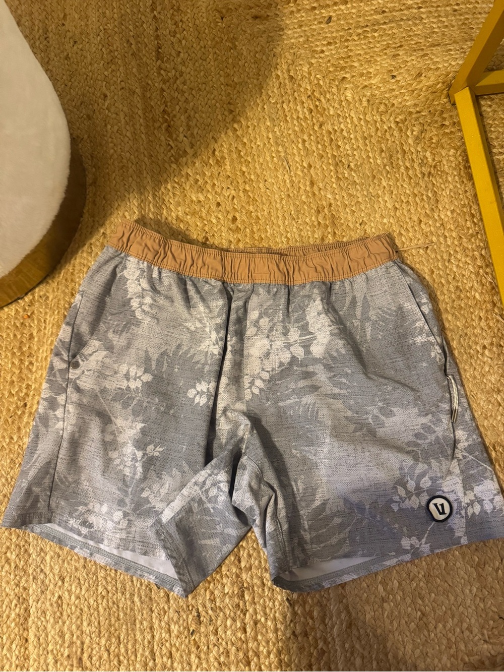 Vuori Light Gray Swim Shorts with Tan Waistband